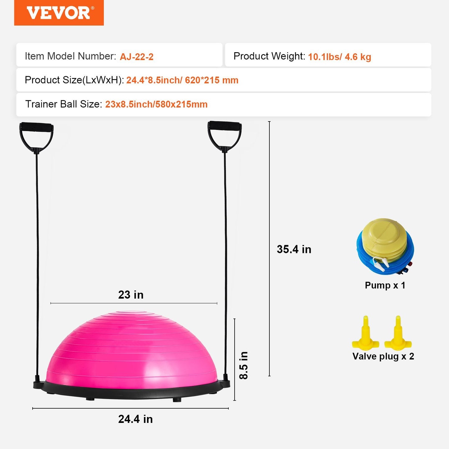 VEVOR Half Exercise Ball Trainer, 23 Inch Balance Ball Trainer, 660lbs Capacity Stability Ball, Yoga Ball With Resistance Bands & Foot Pump, Strength Fitness Ball For Home Gym, Full Body Workout,